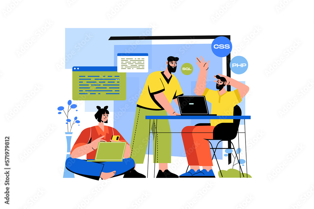 Coding color concept with people scene in the flat cartoon style. Team of programmers work on the creating a web-site with a difficult code.