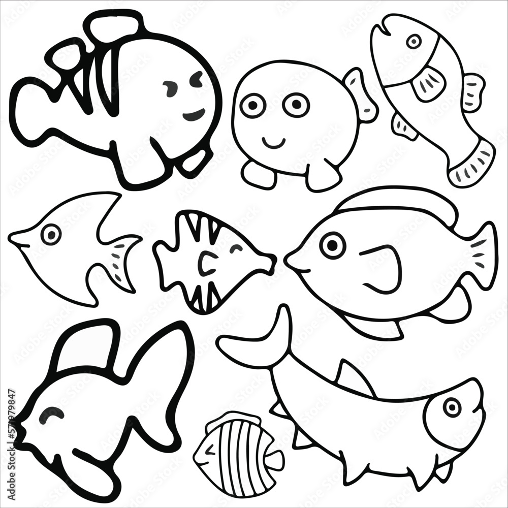 Fototapeta premium fish doodle icon set vector illustration, suitable for sticker pack, icon, logo and graphic design elements.