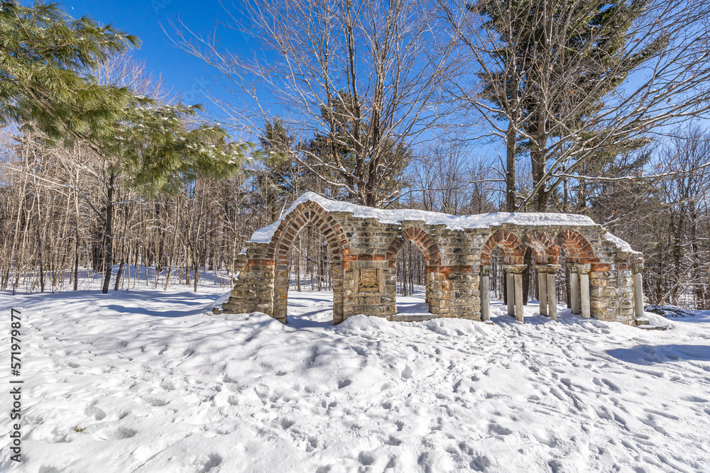 Ruins in a winter wonder land not far away from Ottawa, Ontario in Canada at a cold but sunny day in winter.