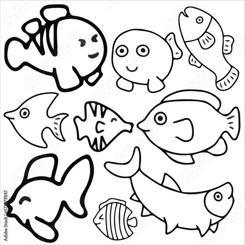 fish doodle icon set vector illustration, suitable for sticker pack, icon, logo and graphic design elements.