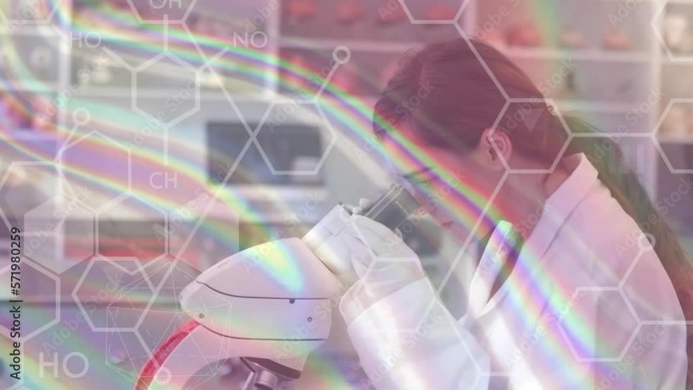 Animation of white chemical structures over female scientist using microscope Animation of white chemical structures over female scientist using microscope