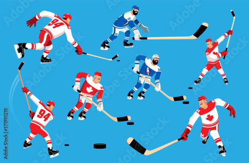 Set of cartoon hockey players in various poses. Vector isolated illustration.