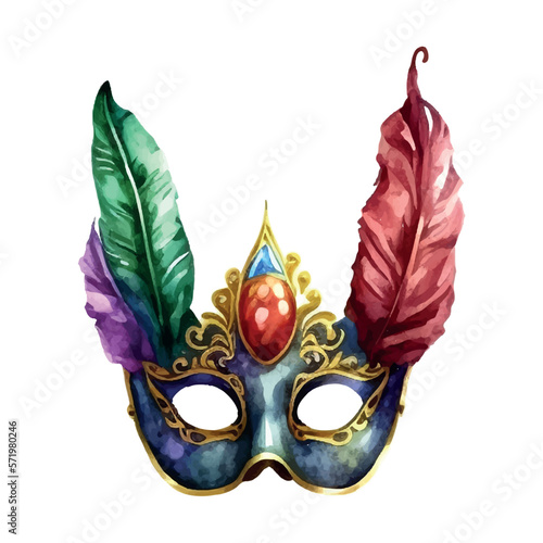 Carnival venetian mask with feathers colored drawing, realistic Watercolor illustration