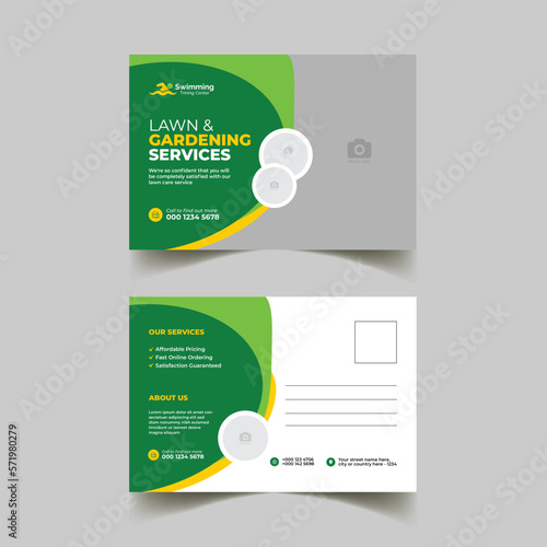 lawn mower garden or landscape advertising service postcard template. EDDM postcard, cleaning service lawn mowing garden layout template, leaflet, grass, equipment, gardener 