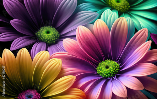 A background made of colorful beautiful flowers. Created with Generative AI