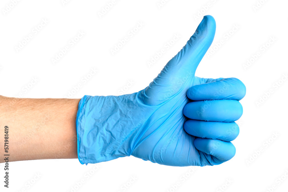 A man's hand in a medical blue glove isolated on a white background A man's hand in a medical blue glove isolated on a white background