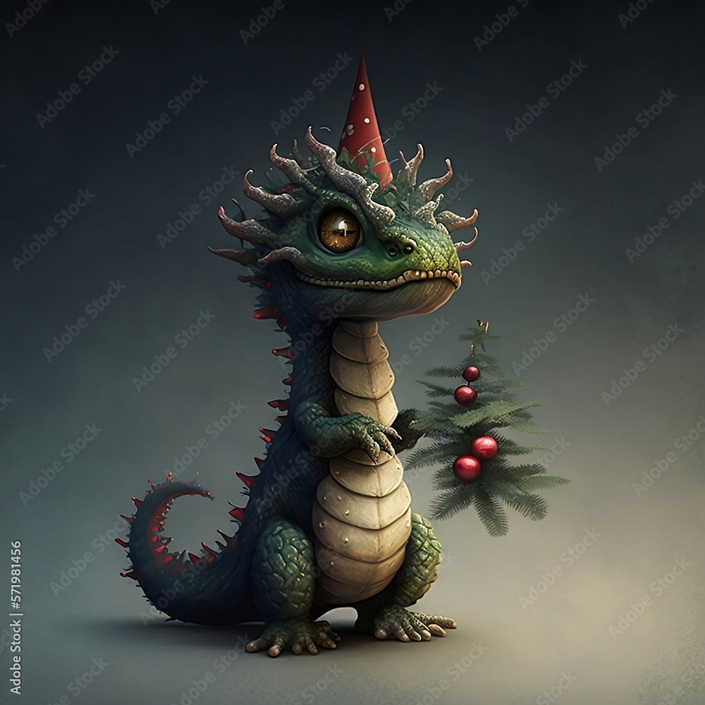 Fototapeta premium Little funny dragon and christmas tree