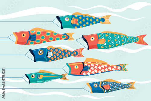 Japanese Golden Week holiday with koinobori carp streamers on sky background