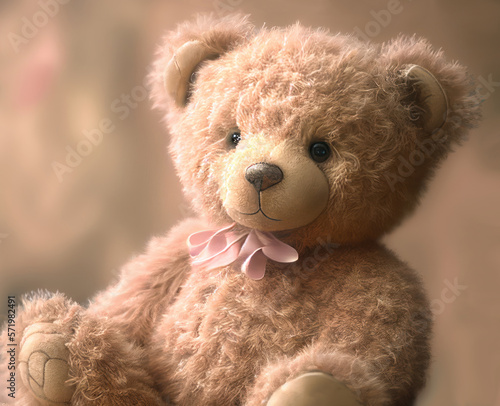 Teddy bear with pink ribbon bow sitting. Cute brown stuffed animal. Generative AI 