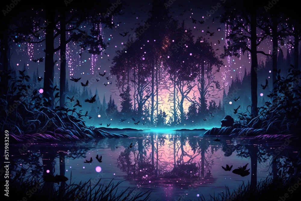 Fototapeta premium A purple fantasy forest with a reflective pond, magical trees, and a sparkling sky, generative ai
