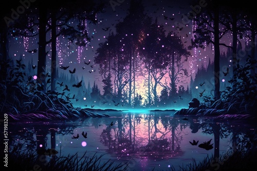 A purple fantasy forest with a reflective pond  magical trees  and a sparkling sky  generative ai