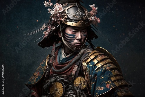 Samurai warrior in dark golden armor with sakura flowers on his helmet on a black background, generative ai
