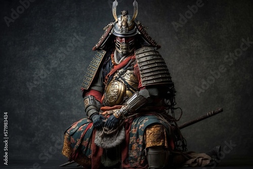 A epic samurai warrior in full body armor, dark background, generative ai photo