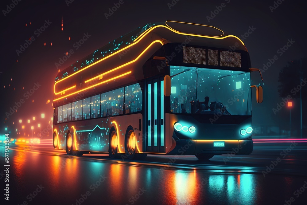 A vibrant and futuristic neon-lit bus driving through a city street at night, generative ai
