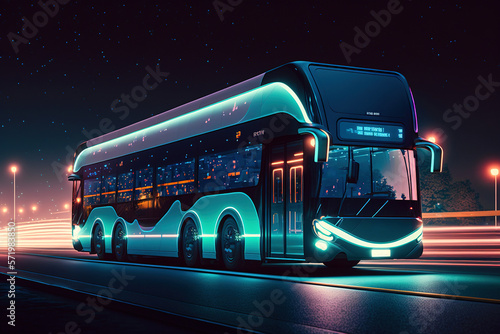 A futuristic electric bus with beautiful blue neon lights driving on a highway at night, generative ai