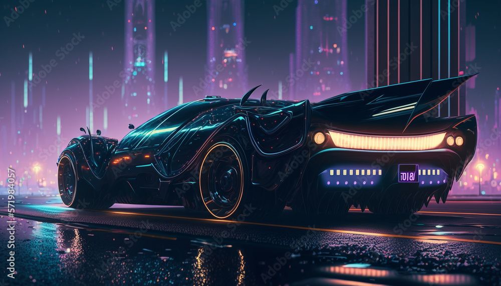 Black futuristic sleek sportscar, speeding along skyscrapers, generative AI