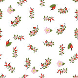 Seamless pattern with rosehip berries and flowers. Collection of various berries, herbs