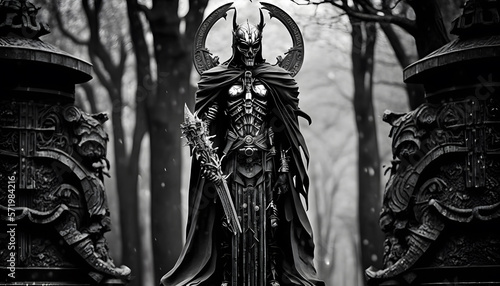 A Macabre, Mysterious, Dark, Creepy, Scary, Spooky, Devil But Magnificent Futurist Monster Entity In a Cemetery Wearing a Black Armor, AI Generative 