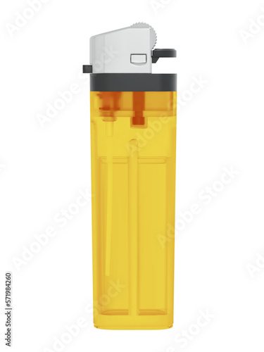 Plastic transparent classic lighter with lit fire. Vector illustration on checkered background