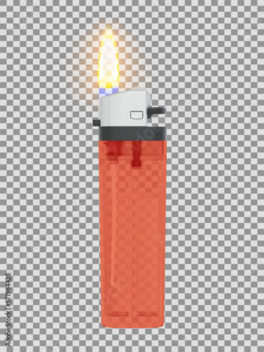 Plastic transparent classic lighter with lit flame. Vector illustration on checkered background