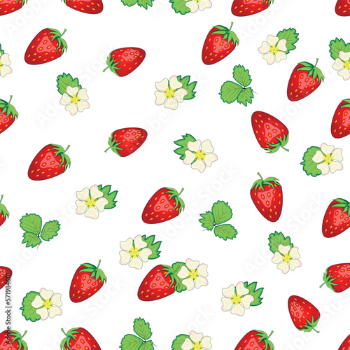 Seamless pattern with strawberries  berries and flowers. Sweet food repeat fabric background. organic fruits