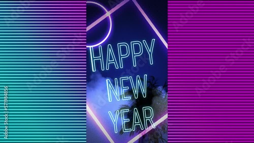 Animation of neon happy new year text and neon background photo