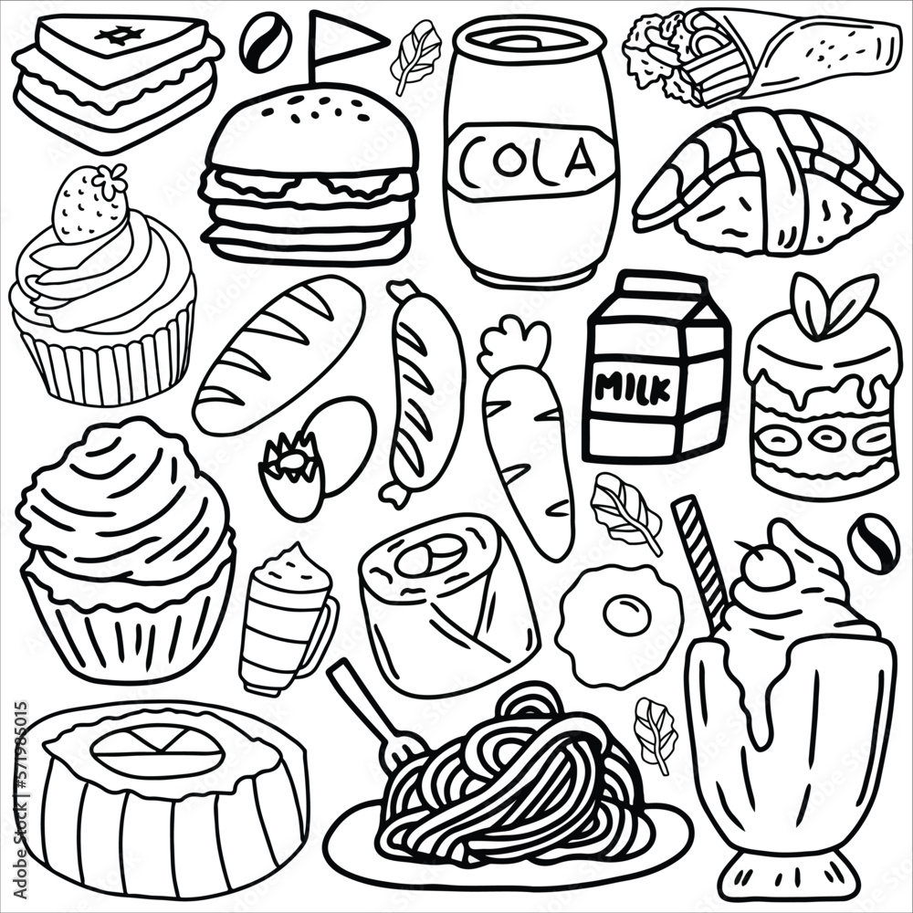 Food doodle icon set vector illustration. Suitable for sticker pack, logo, icon and graphic design elements