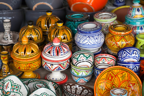 Rows of earthenware for sale at a Moroccan souk