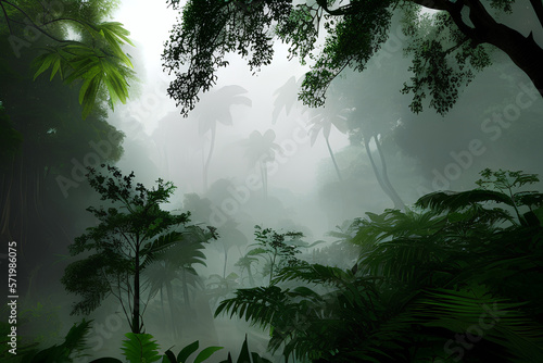 Magical rain forest  lush green and misty. Generative AI.