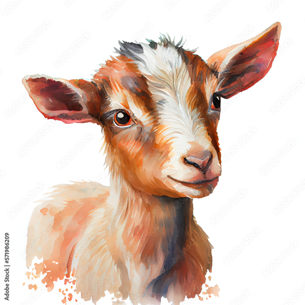 Cute baby goat in brown colors. Watercolor illustration created with Generative Ai technology
