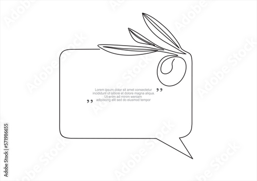 Continuous one line drawing of olives and speech bubble. Trendy line art vector on a white background. Vector illustration.