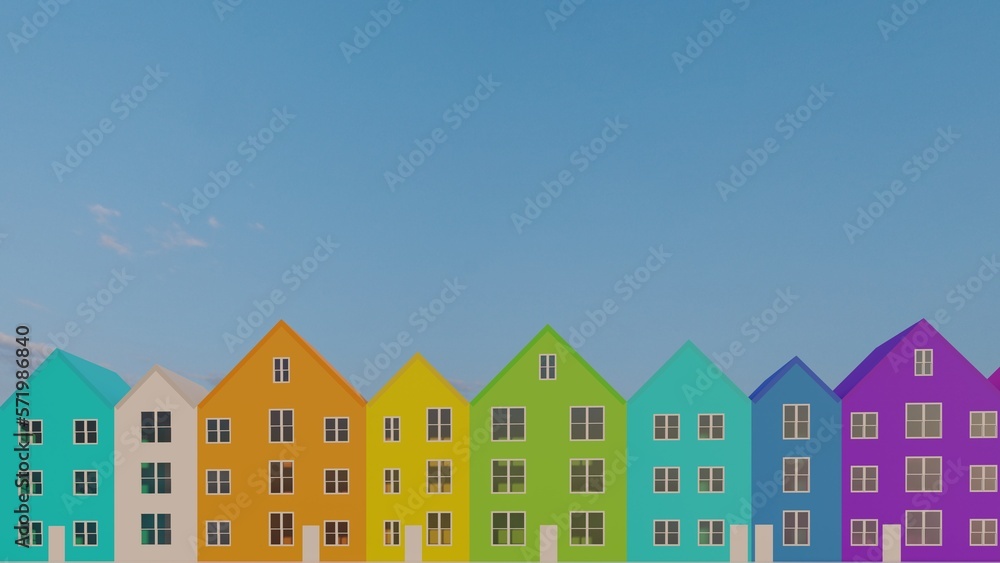 Architecture background, facade of colorful houses 3d render