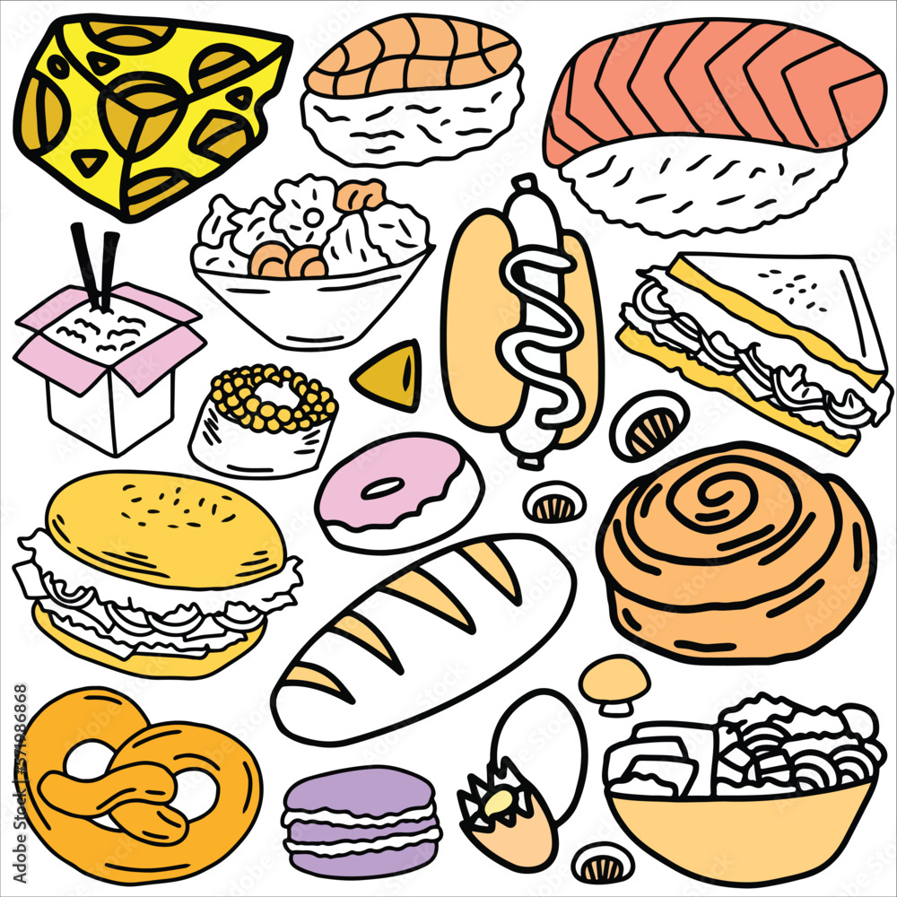 Food doodle icon set vector illustration. Suitable for sticker pack, logo, icon and graphic design elements Food doodle icon set vector illustration. Suitable for sticker pack, logo, icon and graphic design elements
