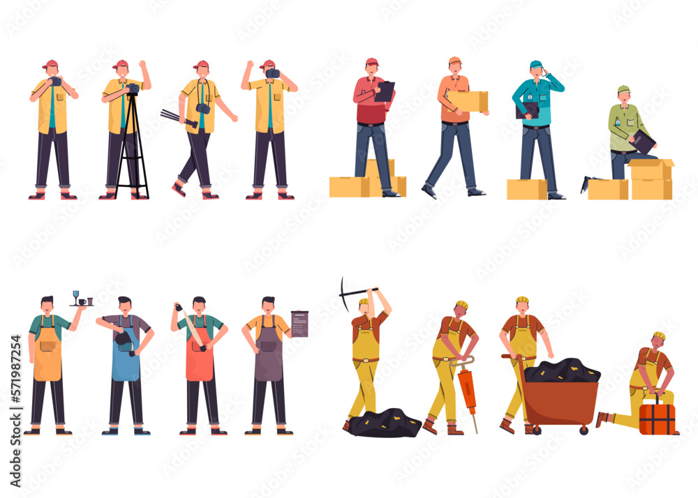 Naklejka premium Bundle of many career character 2 sets, 12 poses of various professions, lifestyles,