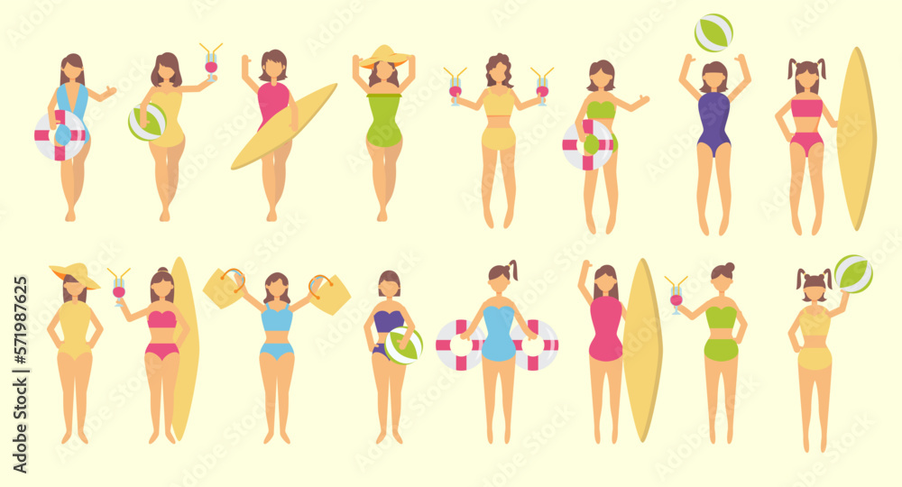 Bundle of woman character 4 sets, 16 poses of female in swimming suit with gear