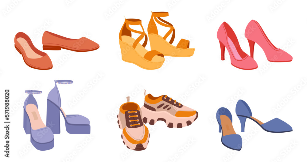 Cartoon summer and spring footwear. Modern female shoes, heels, sneakers and flats. Casual fashion shoes flat vector illustration set