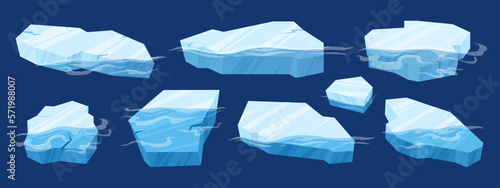 Floating ice. Cartoon frozen blocks of ice, arctic glaciers and icebergs pieces. Ice crystals floating in water flat vector illustration set