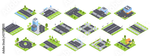 Isometric city map elements. Buildings, asphalt roads, crossroads with traffic lights, billboards, road signposts and trees 3D vector illustration set