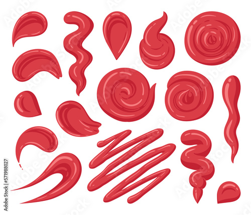 Tomato ketchup stains. Cartoon red hot sauce dip, chilli sauce splash, junk food dressing sauces flat vector illustration set
