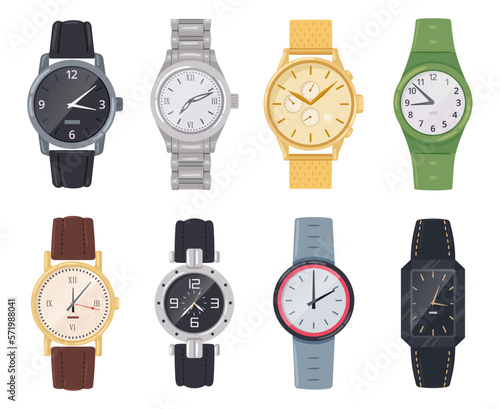 Wrist watches. Cartoon gold and silver hand clocks, vintage classic watches. Quartz analog and electronic watch flat vector illustration collection