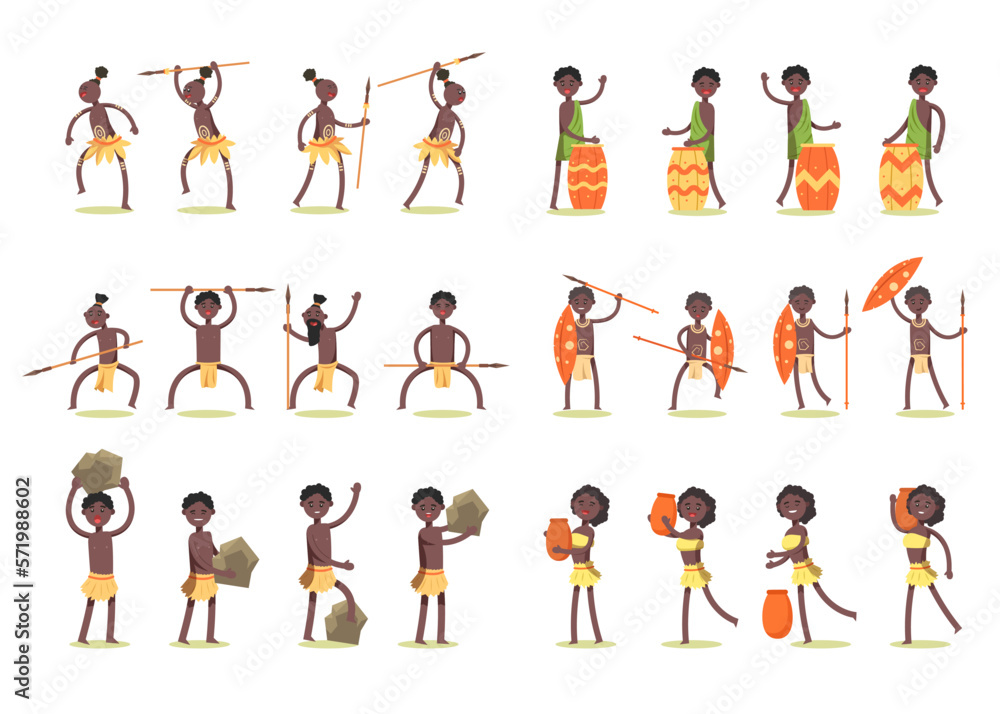 Bundle of African tribe character 6 set with 24 gestures.