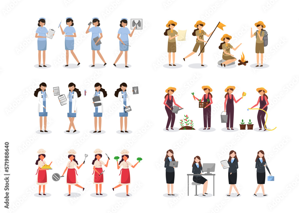 Bundle of 4 woman character sets, 16 poses of various professions, lifestyles