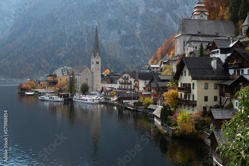 Hallstatt a hilly town with a lake in summer 