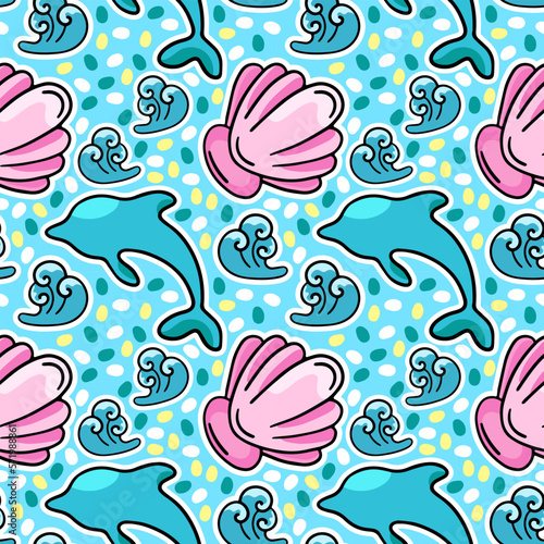 A magical marine pattern with a dolphin, vacation, vector seamless pattern in the style of doodles, hand draw