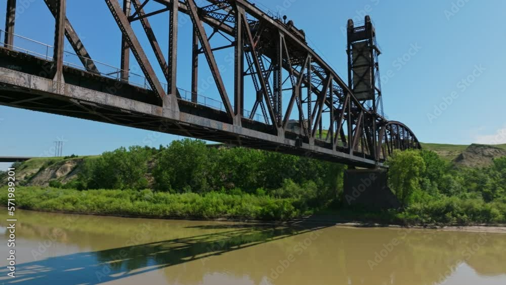 Reveal of Fairview Lift Bridge, Montana, Low Angle Aerial Reveal of Fairview Lift Bridge, Montana, Low Angle Aerial