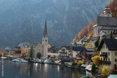 Hallstatt a hilly town with a lake in summer 
