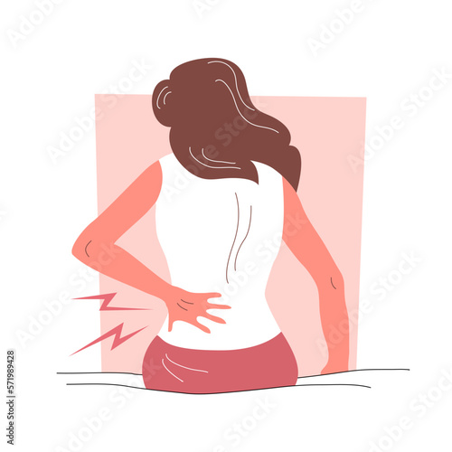 A woman with back pain sits on a bed. Symptom of the disease. Body care and health. Flat vector illustration isolated on white background