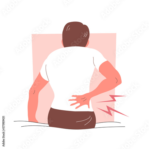 A man with back pain sits on a bed. Symptom of the disease. Body care and health. Flat vector illustration isolated on white background