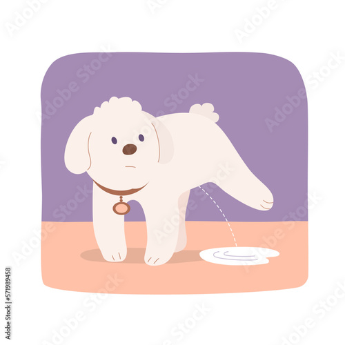 Little cute home dog pissing on the floor. Puddle of urine at home. Bad thing. Friendly funny pet. Flat vector illustration