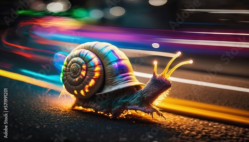 Snail crawling on asphalt road with colorful light trails at night. Generative AI
